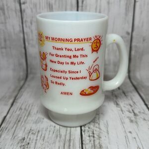 Vintage MY MORNING PRAYER White Milk Glass Pedestal Mug Diner Coffee Cup